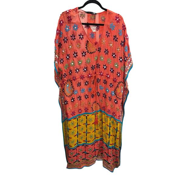NWT Zara Embroidered Beaded Kaftan Dress M Boho Ethnic Viscose Colorful Maxi - Picture 9 of 13